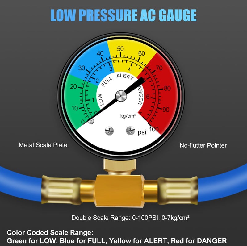 JIFETOR AC Charge Hose with Gauge, Car R134A Refrigerant Recharge Kit, Auto Air Conditioning U Charging Hose Low Pressure Measuring Meter with 1/2 inch Can Tap and R134A Quick Coupler, 100PSI - Image 4
